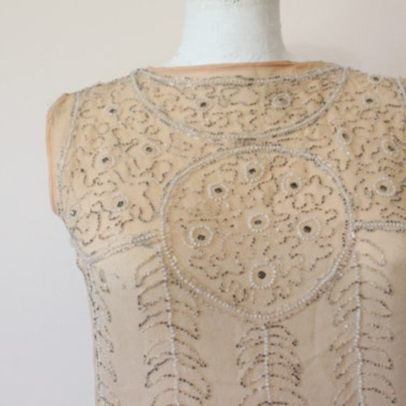 1920s 1910s Nude skin tone peach silk sheer beaded sleeveless blouse top XS S - Picture 3 of 10